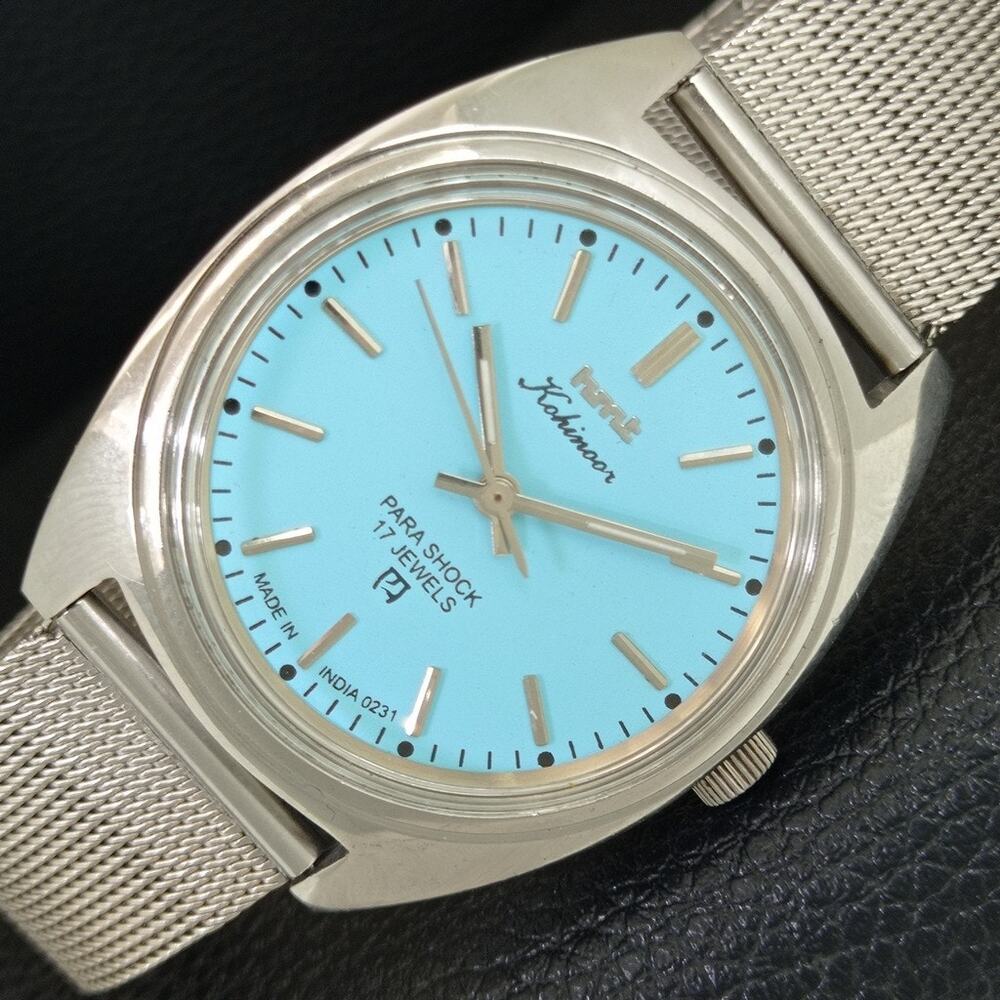 Vintage 1991 HMT Manual Wound Mens Silver Watch & Blue accents